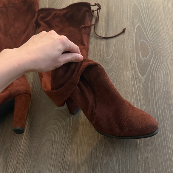 Stuart weitzman stretch suede dark maroon red highland thigh high heeled boots - Picture 3 of 9